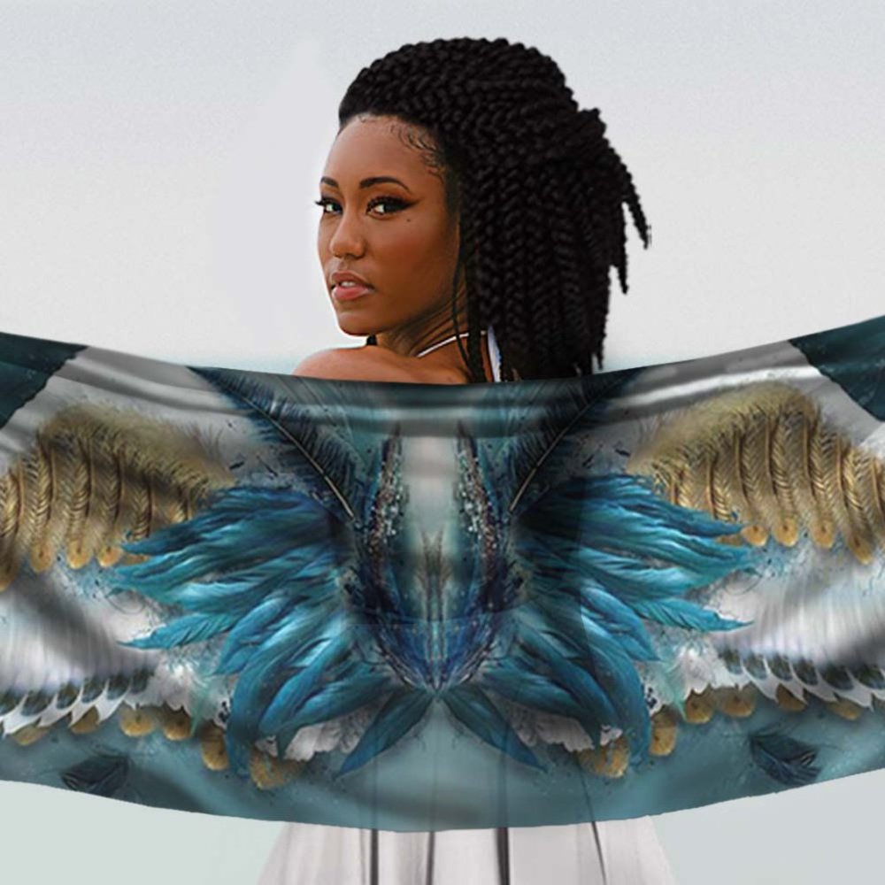 Blue & Gold Angel Feather Wings X-Long Crepe Scarf Wrap - Picture 10 of 13